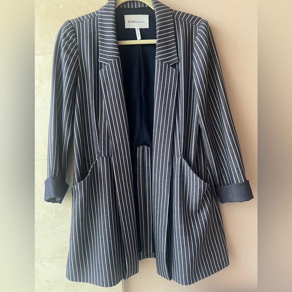 BCBGeneration Longline Pinstripe Denim Blazer